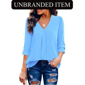 Sky Blue Chiffon V Neck Short Sleeve Casual Shirt, EUC